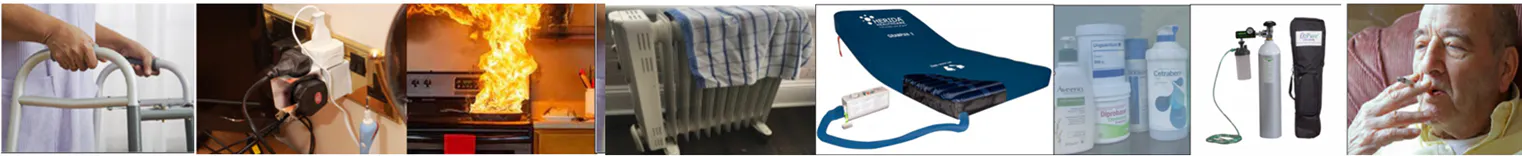 Eight images of fire risks in the home such as overloaded electrical sockets, unattended cooking, emollient creams, smoking
