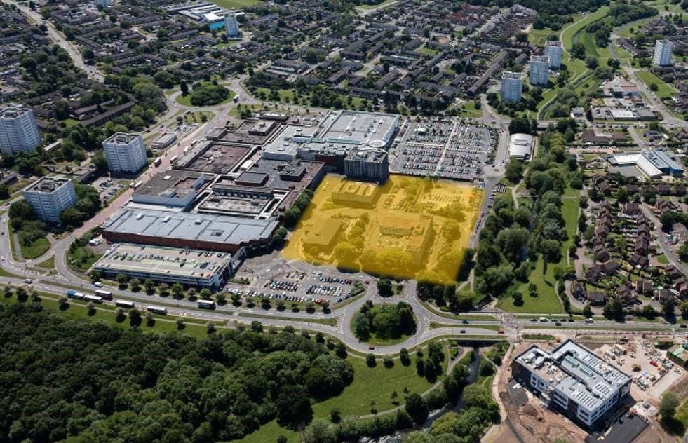 Aerial photograph of Chelmsley Wood town centre with the Northwest quarter highlighted in yellow