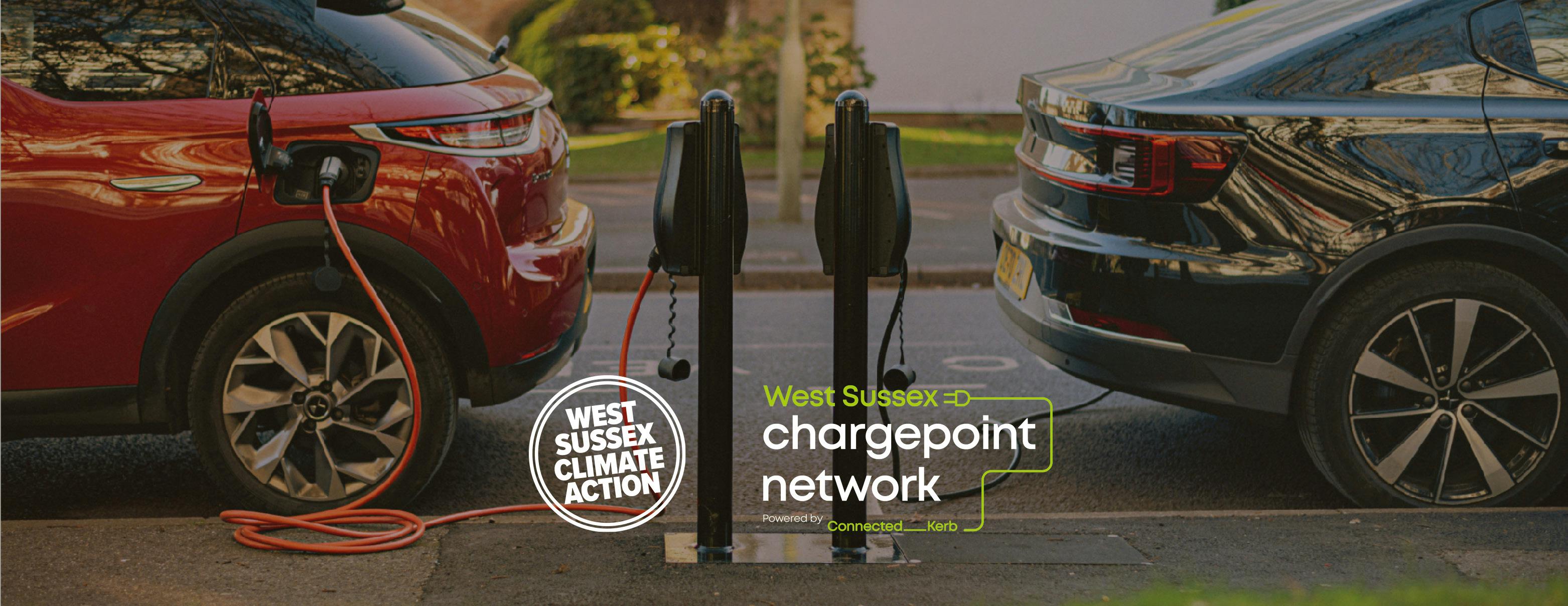 Cars charging at EV chargepoints . West Sussex Climate Action, West Susses Chargepoint Network logos. 