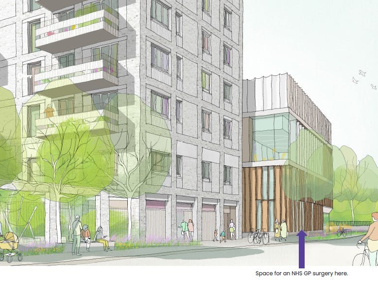 A graphic image showing the new buidlings at the Finsbury Leisure Centre site with an arrow pointing to space for a new NHS surgery.jpg