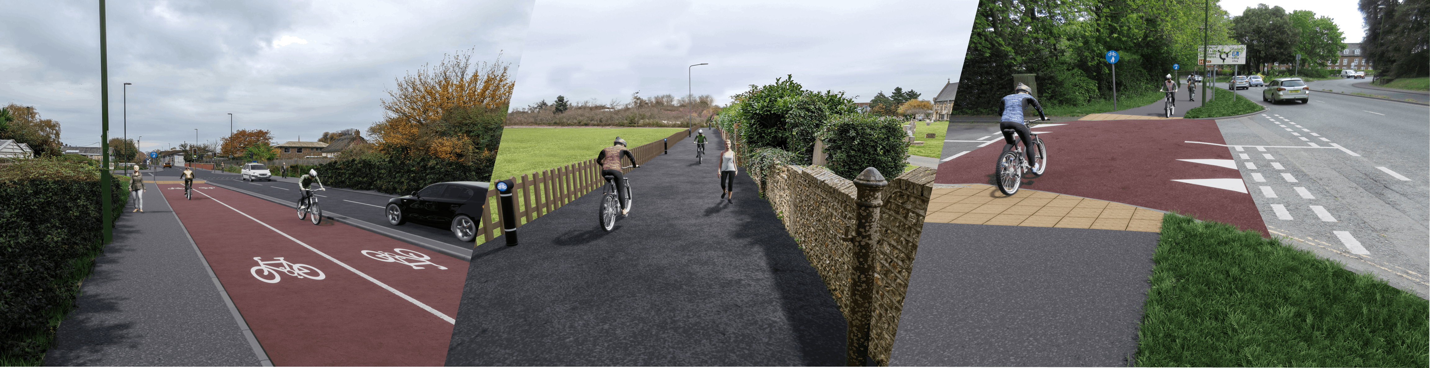 A banner showing all three artist impressions of the schemes, showing two-way segregated cycle lanes and shared use paths