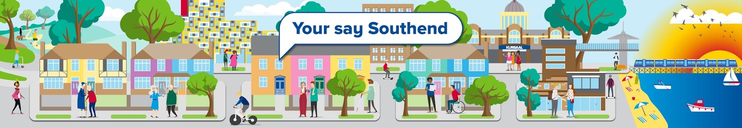 graphics of Southend seaside, the Kursaal , residents and houses
