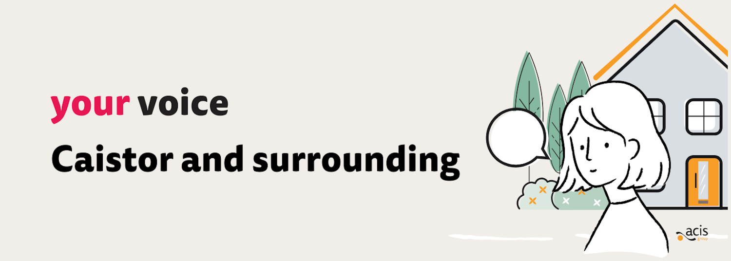 Your Voice Caistor and surrounding with a drawing of a woman in front of a house