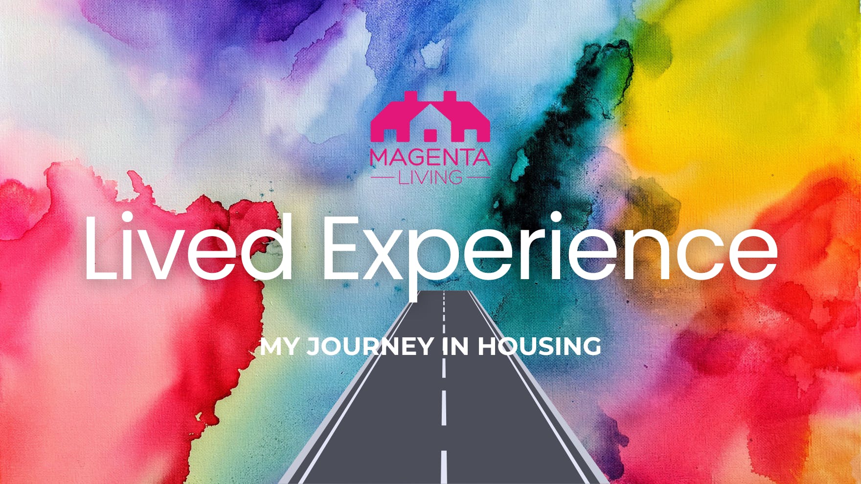 Multicoloured paint background with road and magenta living logo 