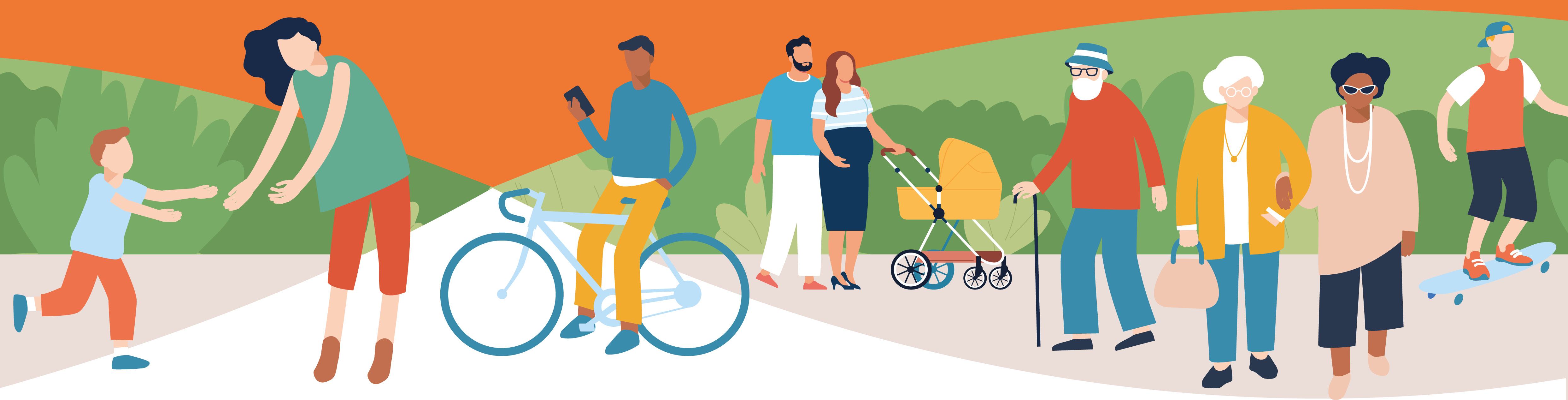 Image of individuals from a range of ages and ethnicities; some walking, a man on a bike, a teenager on a skateboard