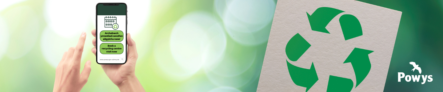 Person on a mobile booking a recycling centre slot with a green background and recycling icon on the right hand side.