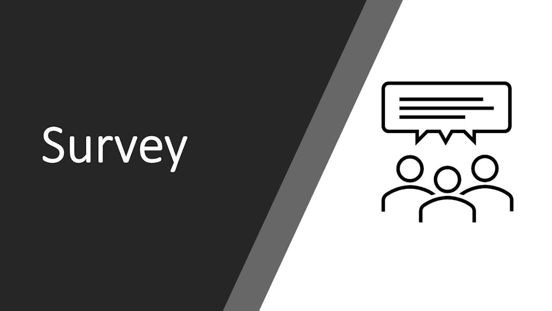 Survey icon showing a speech bubble above an image representing three survey participants  