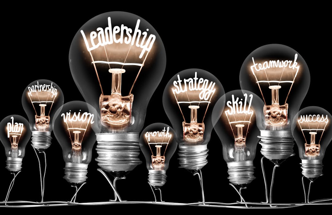 lightbulbs containing words plan, partnership, vision, leadership, growth, strategy, skill, teamwork, success