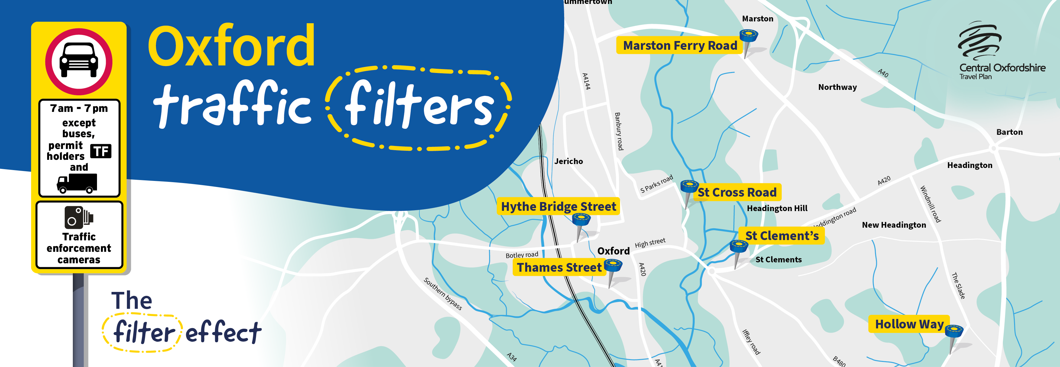 Traffic filters banner showing a map of the filter locations and traffic filter road sign