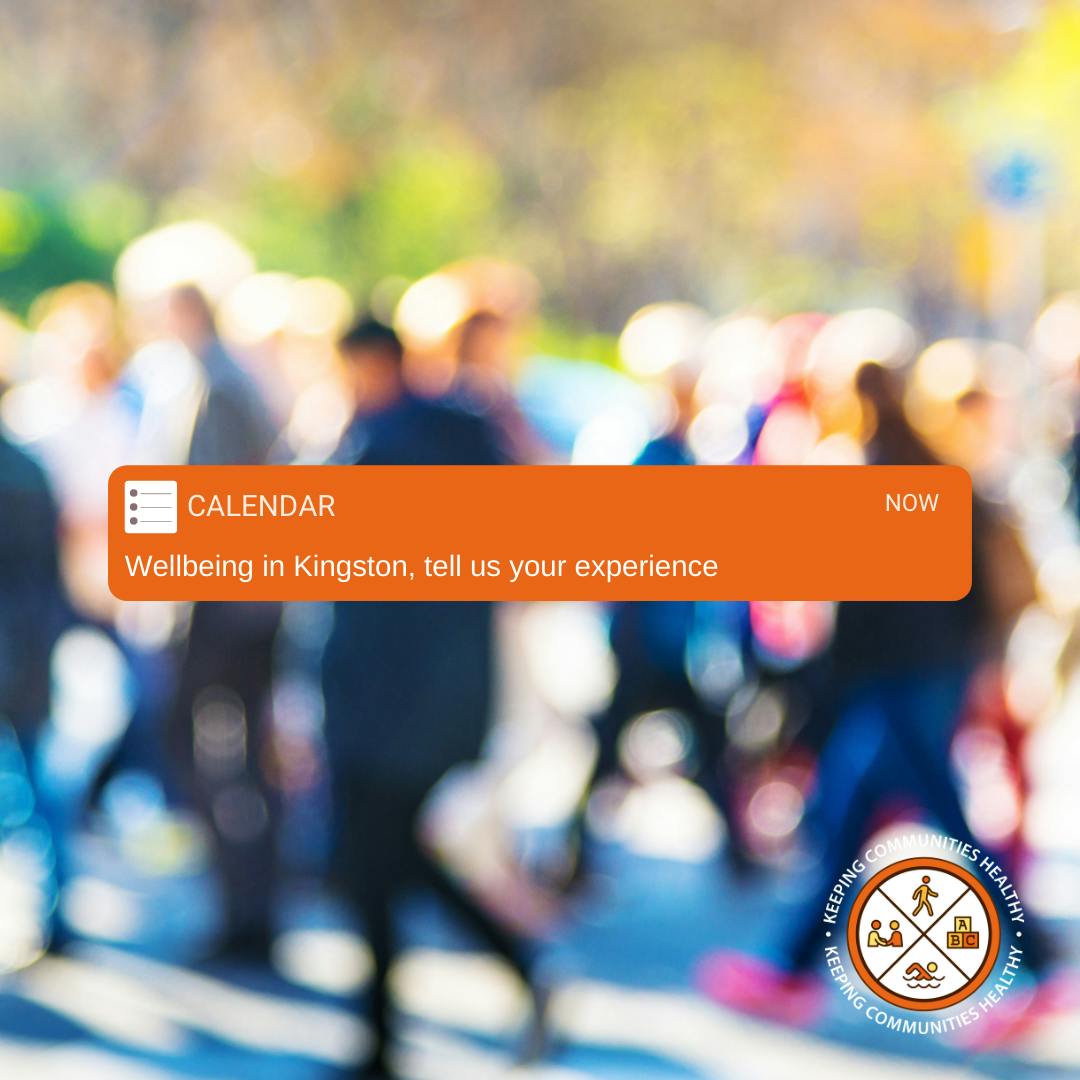 blurred image of people walking with a calendar reminder to tell us how you feel