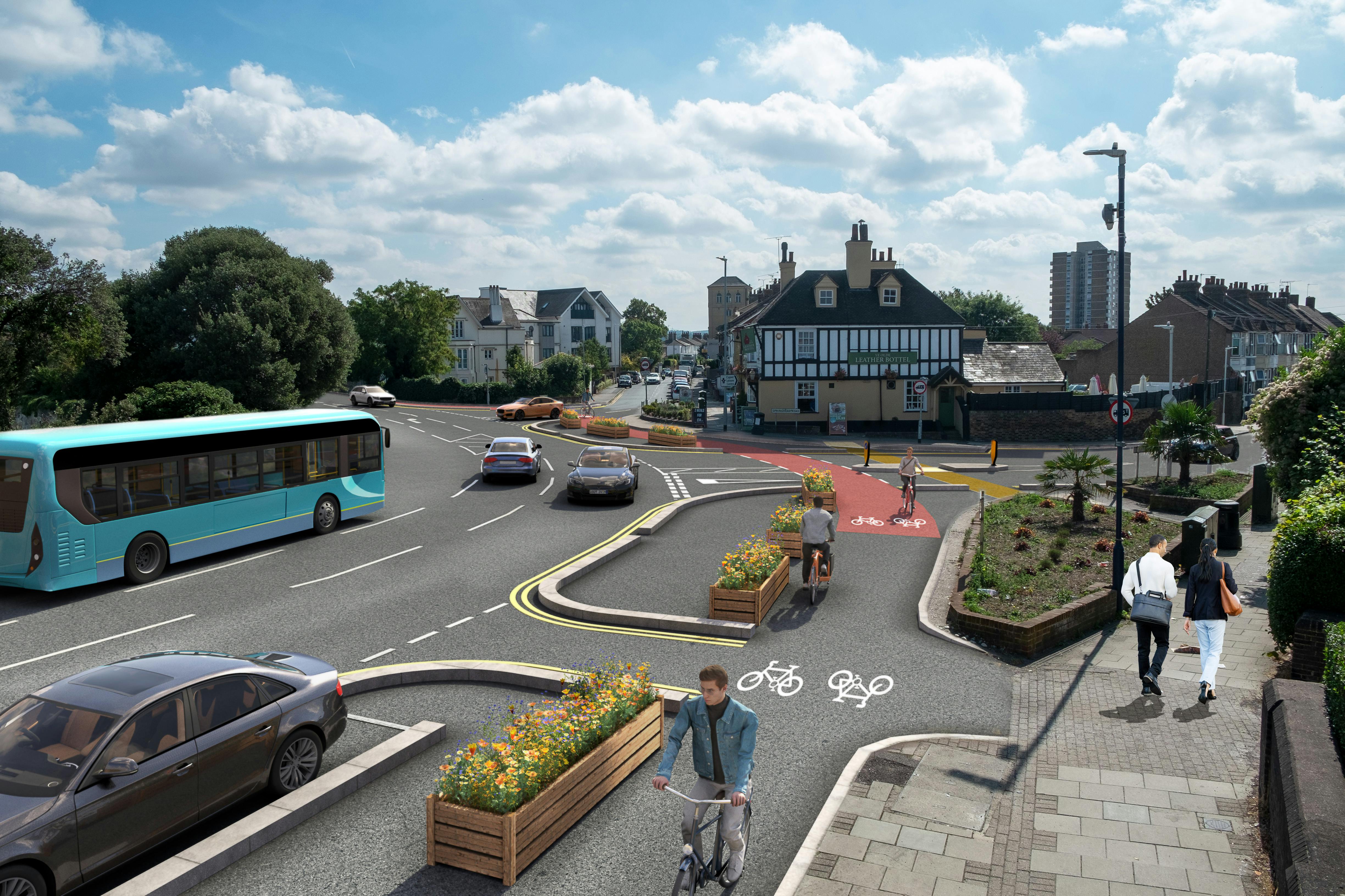 Visualisation of the proposals for London Road at the junction with Springhead Road and Dover Road