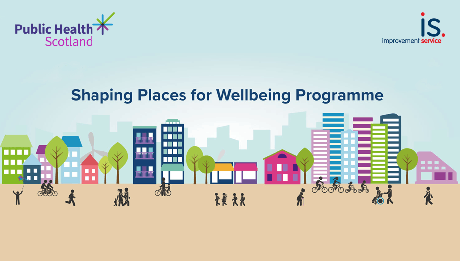 Illustrated banner for the Shaping Places for Wellbeing Programme, featuring colourful buildings, houses, trees and people