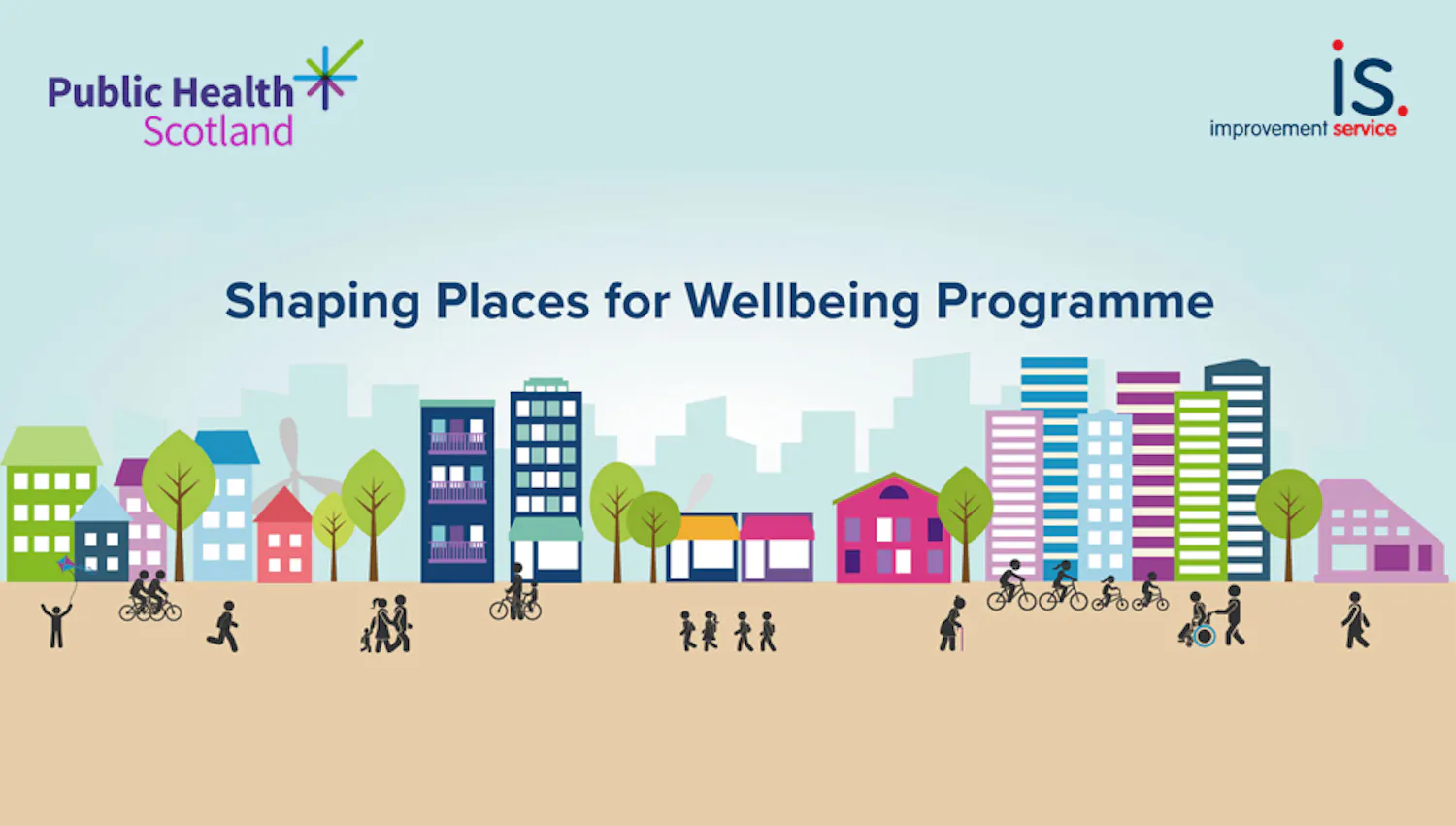 Illustrated banner for the Shaping Places for Wellbeing Programme, featuring colourful buildings, houses, trees and people
