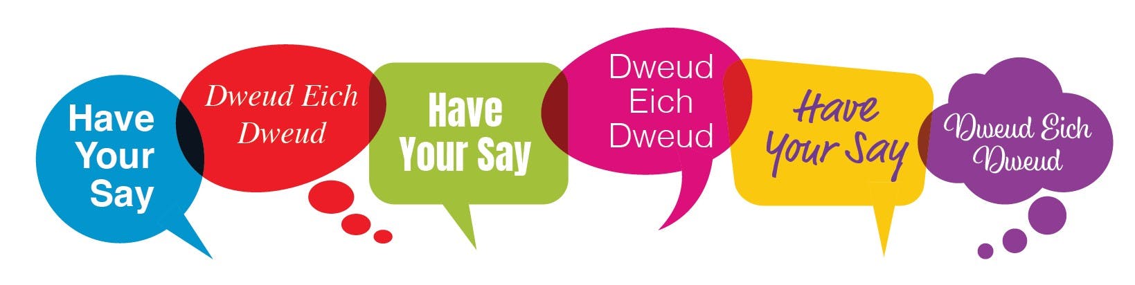 Banner graphic with speech bubbles saying "have your say" and "dweud eich dweud".