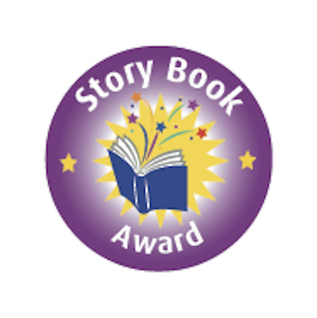 West Sussex SLS Story Book Award Logo. Purple, round sticker showing a book exploding with magic and one star either side of the book. The words Story Book Award are positioned on the outer ring of the sticker. 