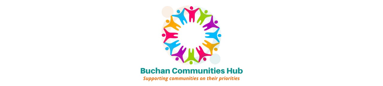 Brightly coloured logo of Buchan Communities Hub with the strapline supporting communities on their priorities 