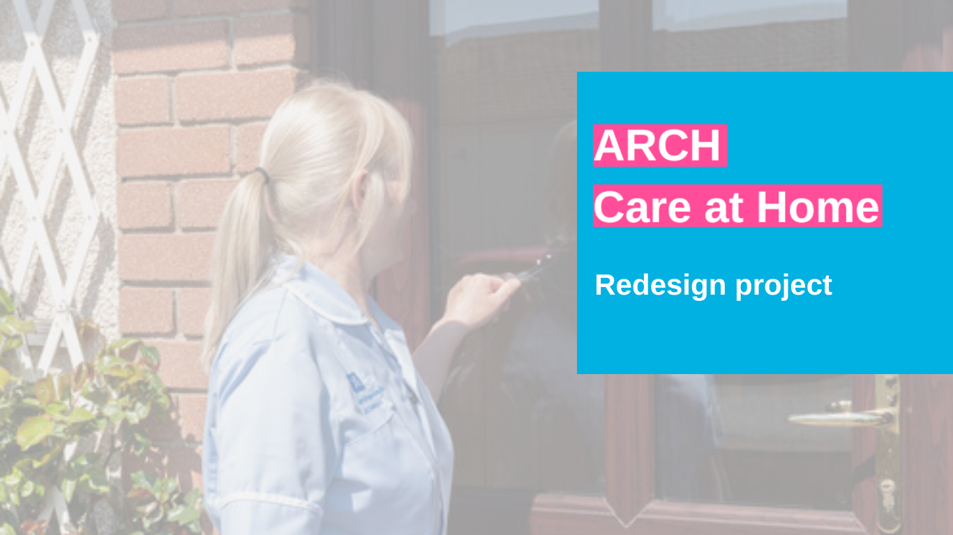A photo of a carer knocking on a door with 'ARCH Care at Home Redesign Project' highlighted in blue, pink and white