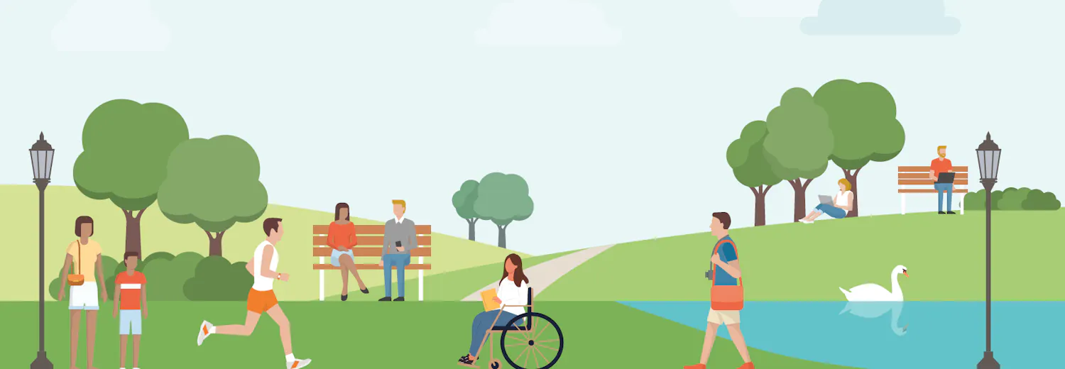 Artist's impression of an accessible green space busy with people walking, wheeling, jogging and resting in the green space