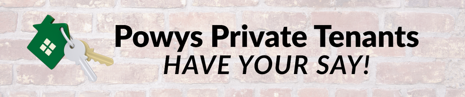 Icon of two keys on a keyring with 'Powys Private Tenants Have your say!' written in black text on a brick wall background