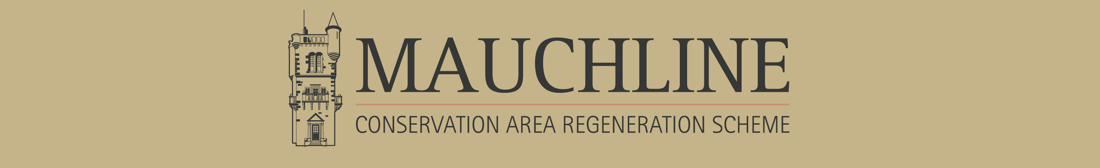 Mauchline Conservation Area Regeneration Scheme banner with council logo and tower illustration