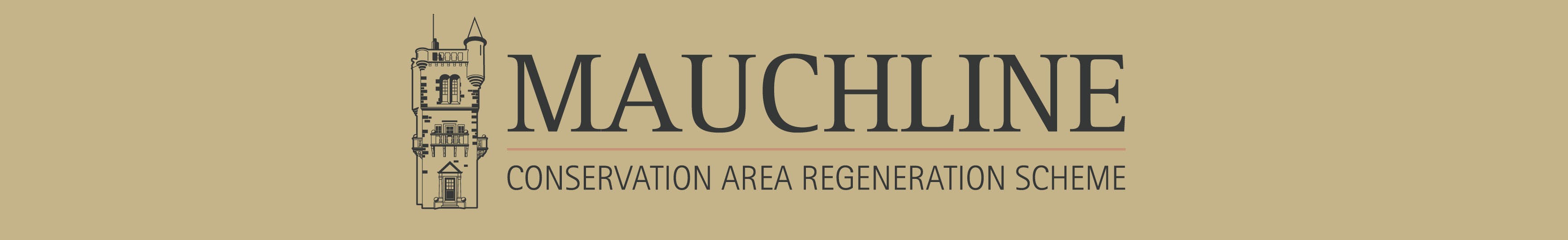 Mauchline Conservation Area Regeneration Scheme banner with council logo and tower illustration