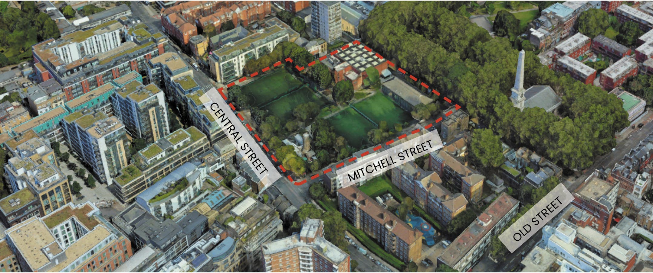 A photo of the Finsbury Leisure Centre site showing Mitchell Street, Central Street and Old Street