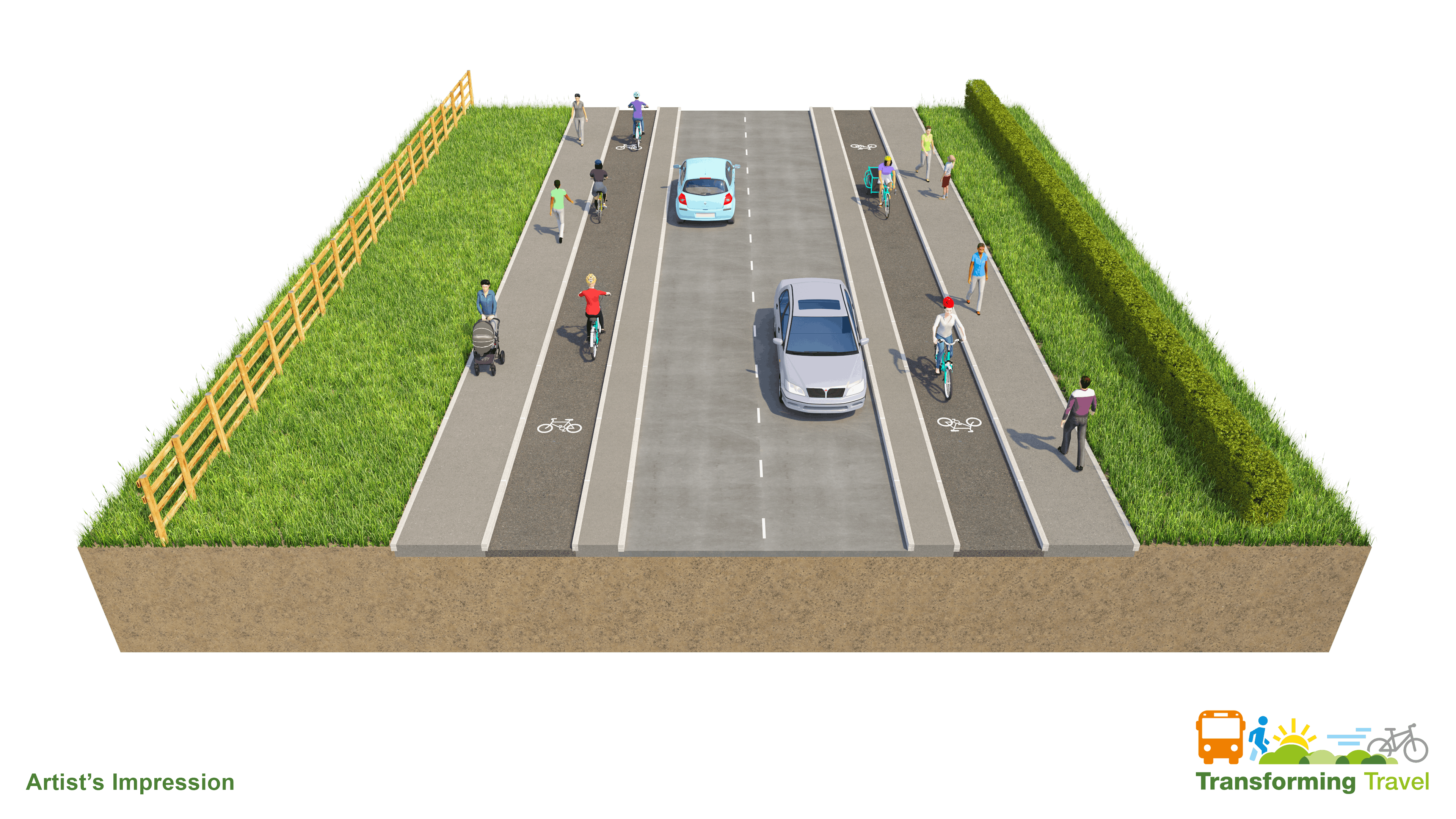 Fully kerbed one-way cycle track with separate footway