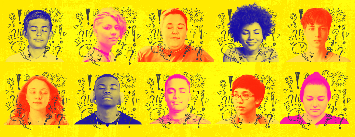 Faces of ten young people (five female and five male) from diverse backgrounds looking thoughtful