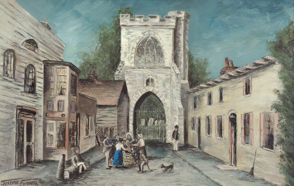 Curfew Tower, painted in oils, 1981 - Valence House Collection