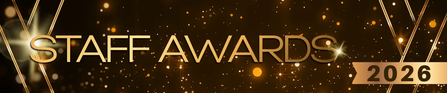 Staff Awards 2026 in gold text on a black background with gold sparkles