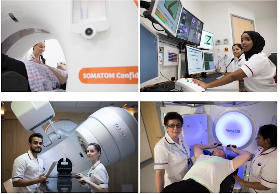 Radiographers and patients with various radiotherapy equipment