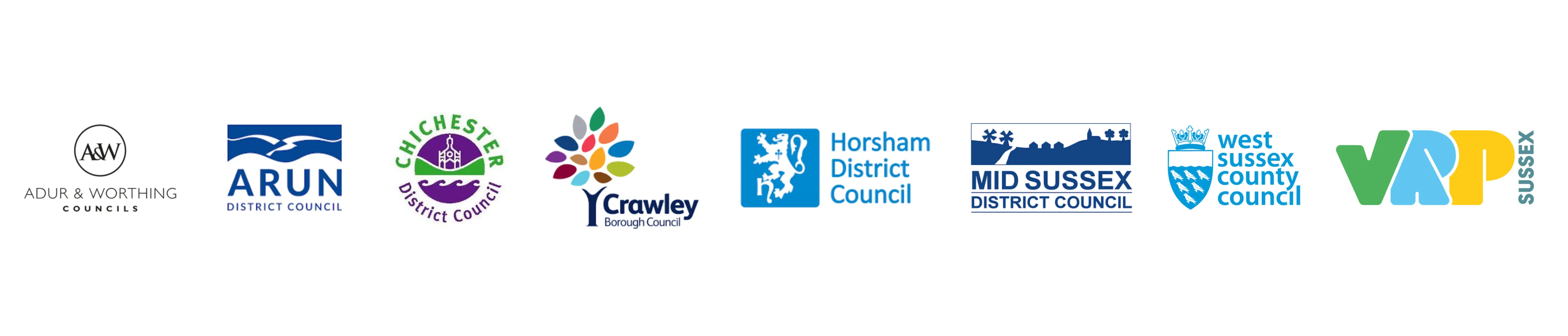 Logos from the 6 district & borough councils, West Sussex County Council & the Sussex Violence Reduction Partnership