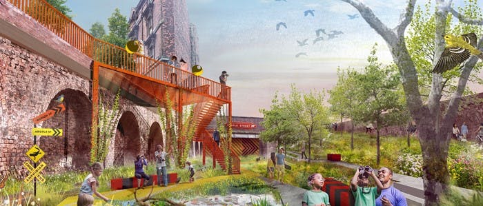 Picture showing an artist’s impression of a green open space with children playing and views of heritage railway arches.