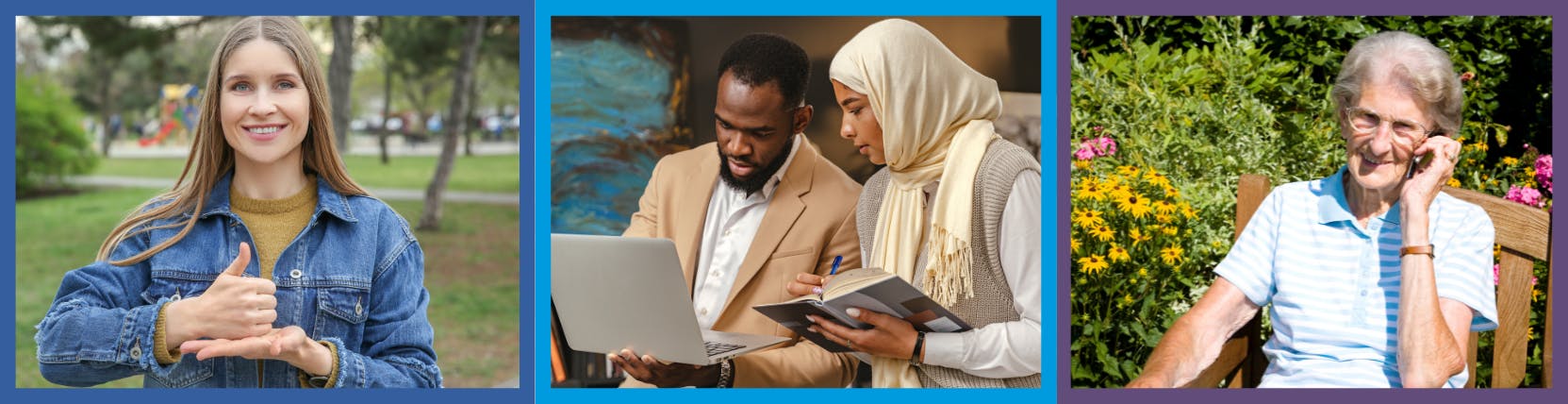 A woman outside signing. A man and a woman looking at a laptop and writing notes. An woman talking on the phone outside