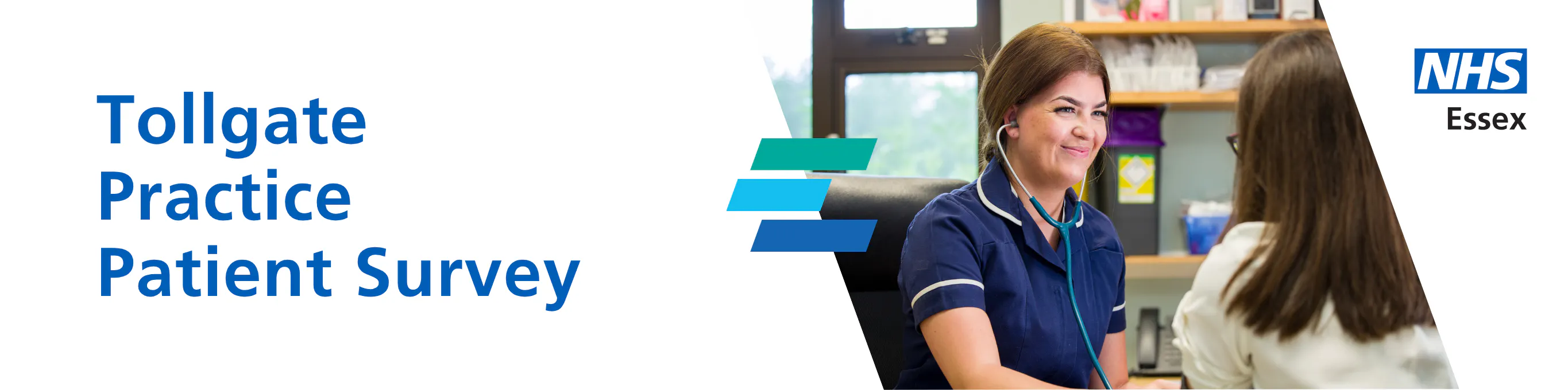 Tollgate Practice Patient Survey banner showing a nurse speaking with a patient at a GP practice, with the NHS Essex logo.