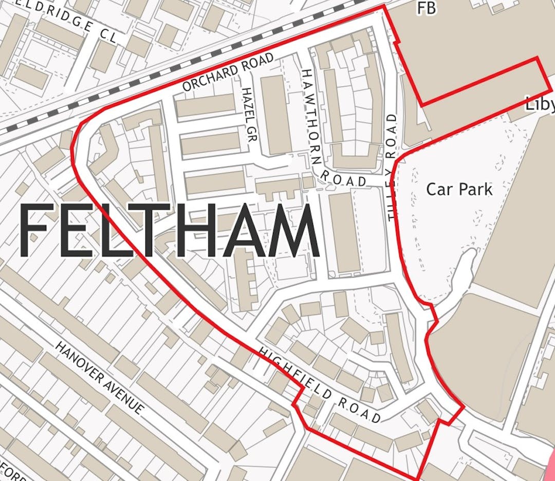 A map of Hounslow showing the area the School Street covers: Selbourne Avenue, Packham Mews and Pears Road up to James Street