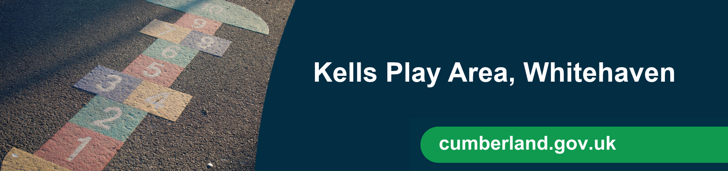 A banner with an image of numbers painted on the floor, text reads Kells Play Area, Whitehaven.