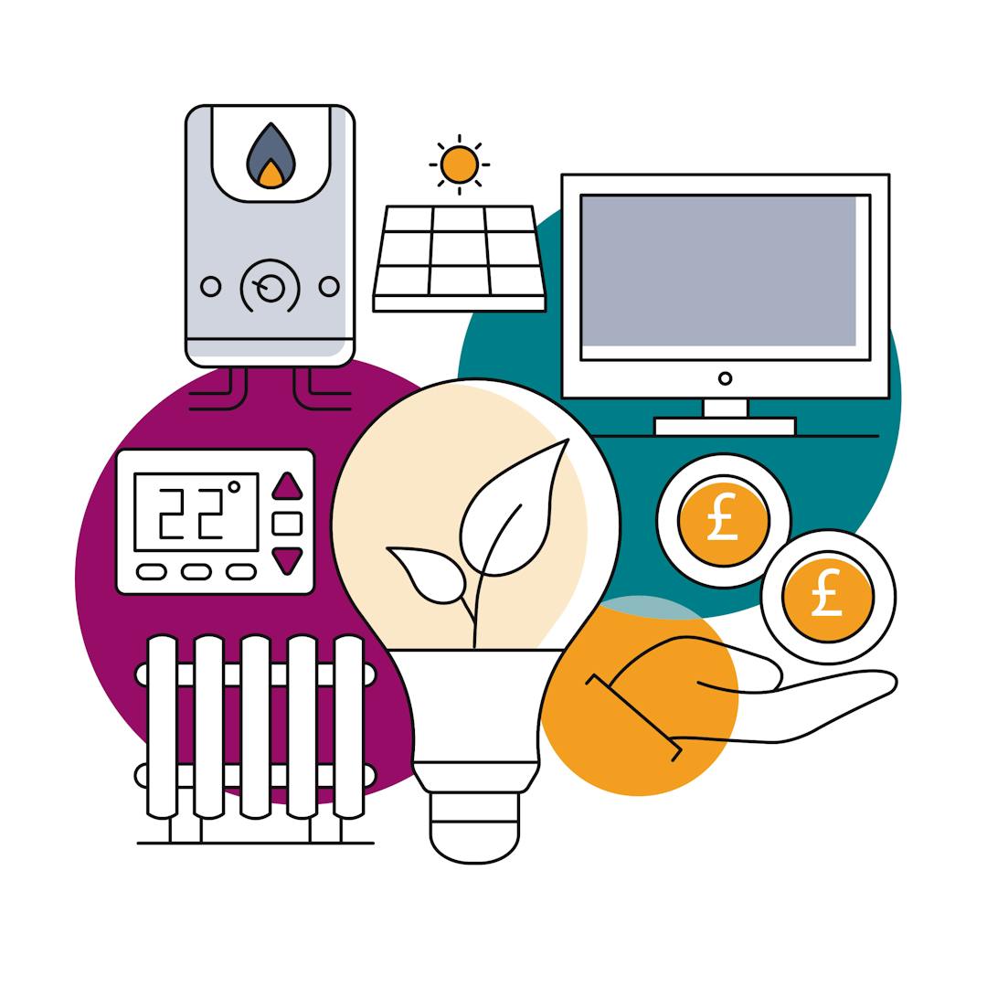A drawing of energy saving items - a light bulb, radiator, thermostat, solar panels, and an outstretched hand with coins