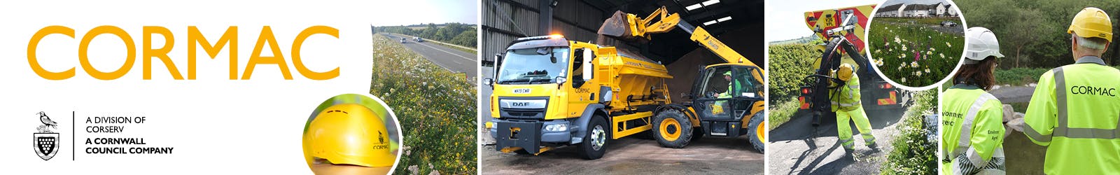 A banner image of Cormac activities including gritting and surfacing.