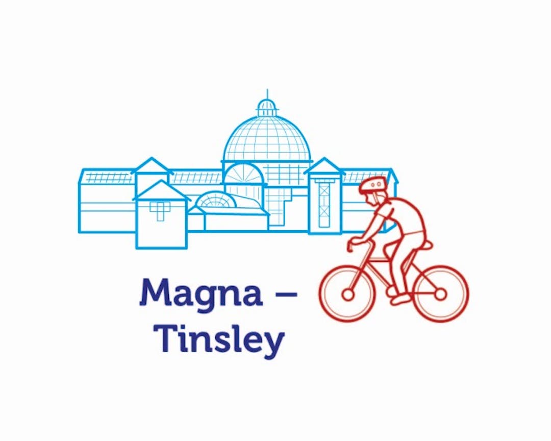 A blue illustration of the Meadowhall dome, with a person on a bike in red and text that reads 'Magna - Tinsley'