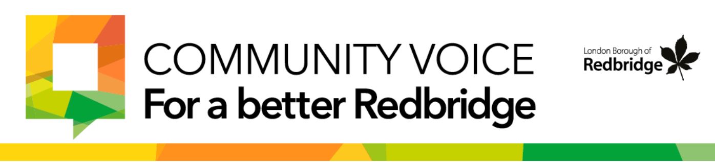 Community Voice logo which includes the text - Community Voice - For a better Redbridge