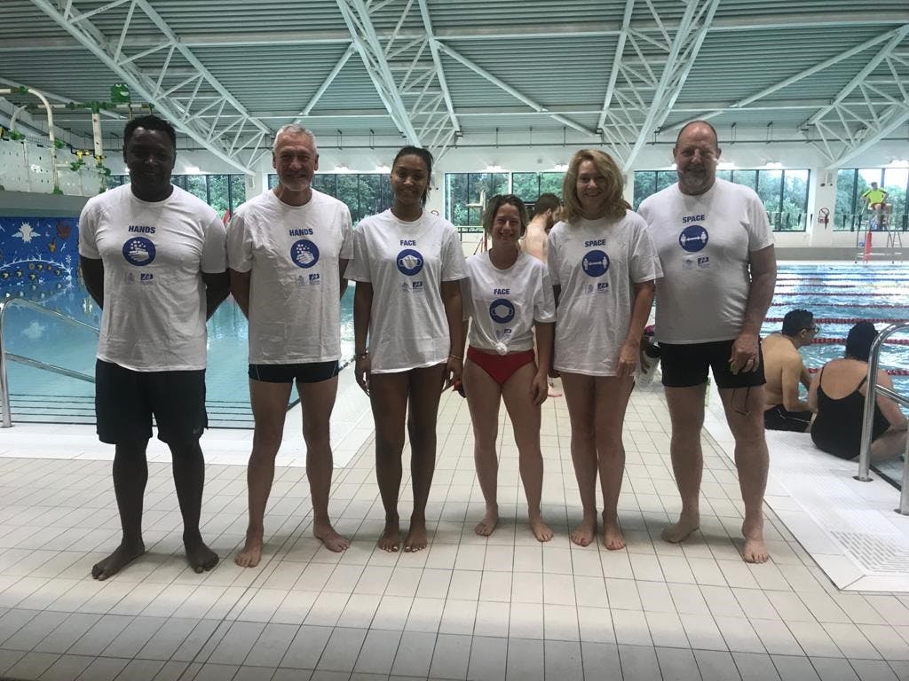 The Mayors Swimarathon Team promoting "Hands, Face, Space"