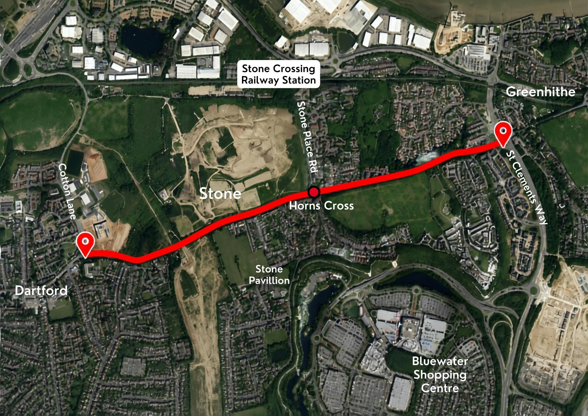 Arial photo with the route of the scheme marked in red starting at Cotton Lane with Horns Cross as the midpoint and ending at St Clements Way.