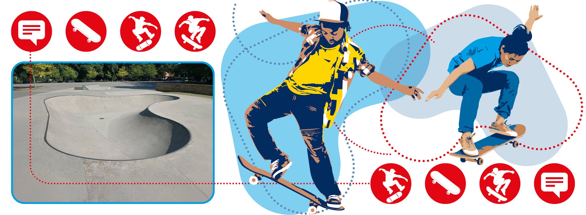 This image shows a photograph of a concrete skate bowl and two figures on skateboards to one side.