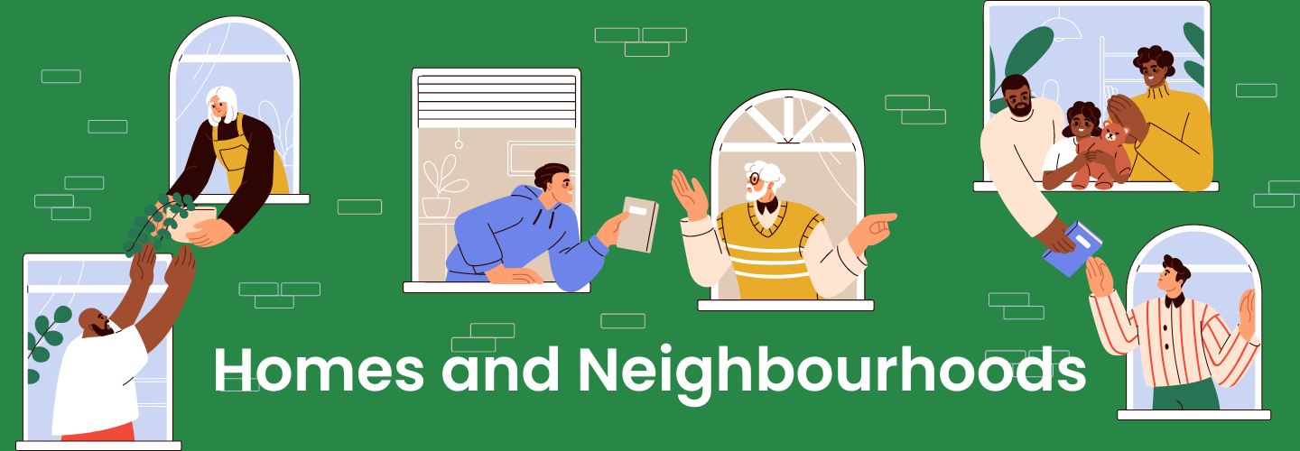 Colourful illustrations of people interacting, handing books and plants to each other through windows. 