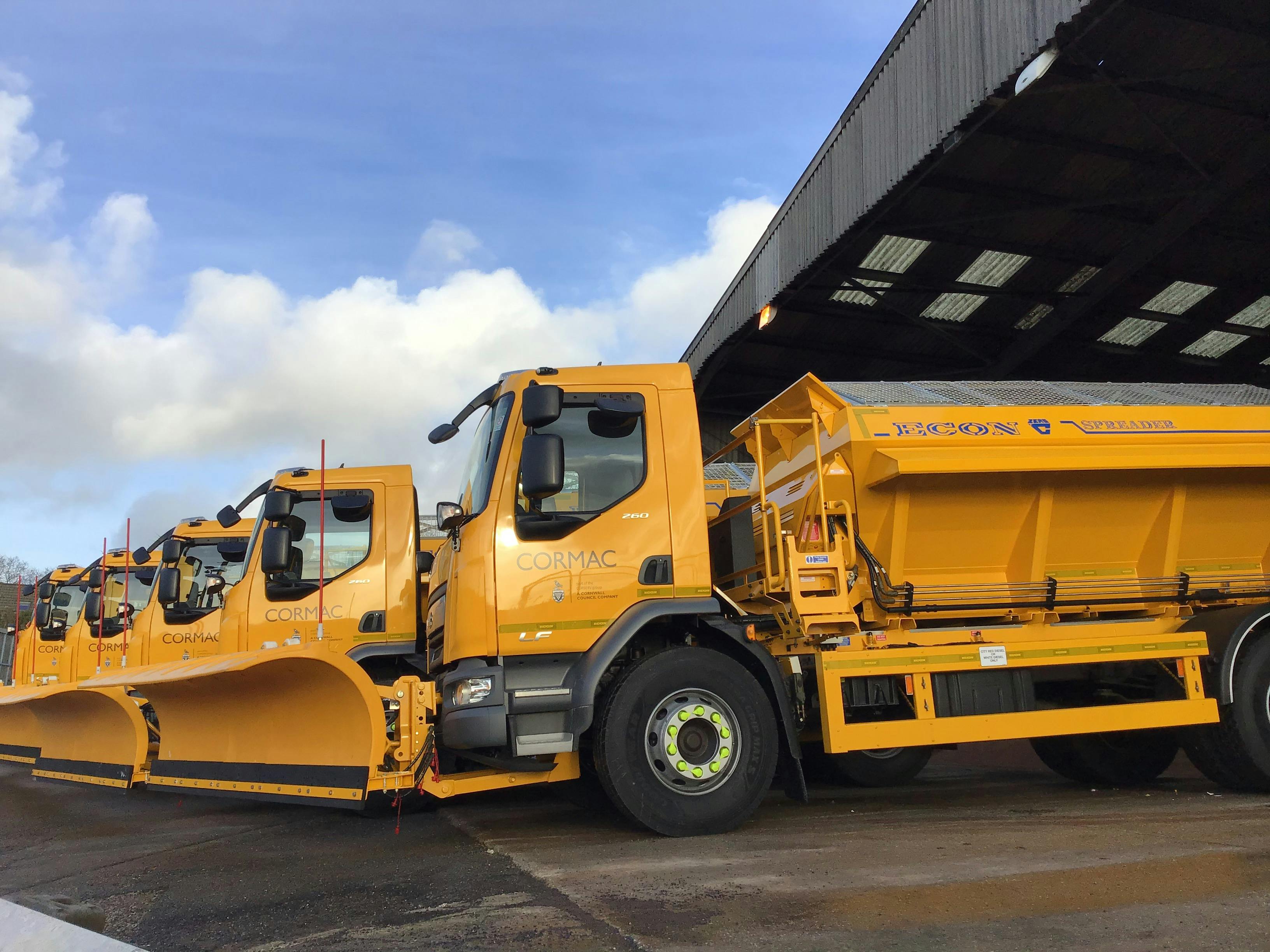 Five of Cornwall's gritters with their snowploughs on - ready for action