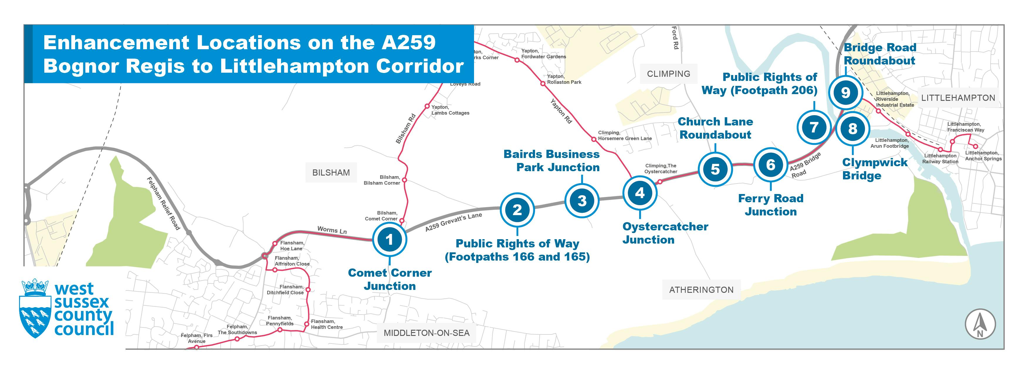 Image of the Enhancement Locations on the A259 Bognor Regis to Littlehampton Corridor