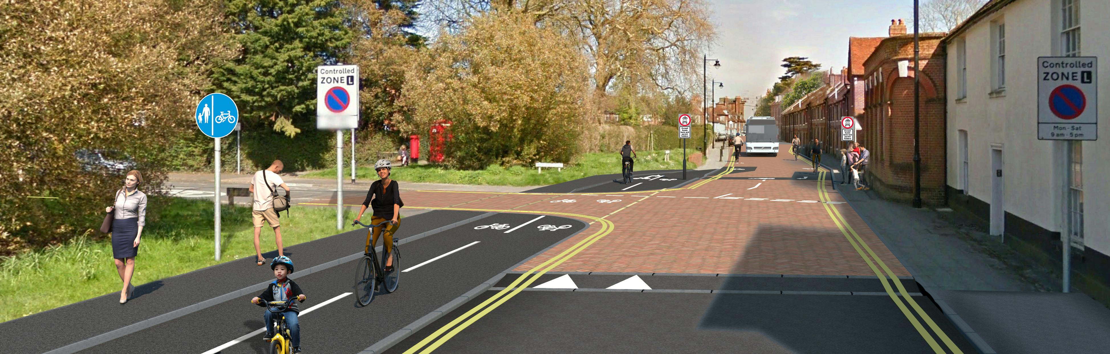 Proposed Westgate Road, showing the footpath, two way segregated cycle path and a contraflow bus lane