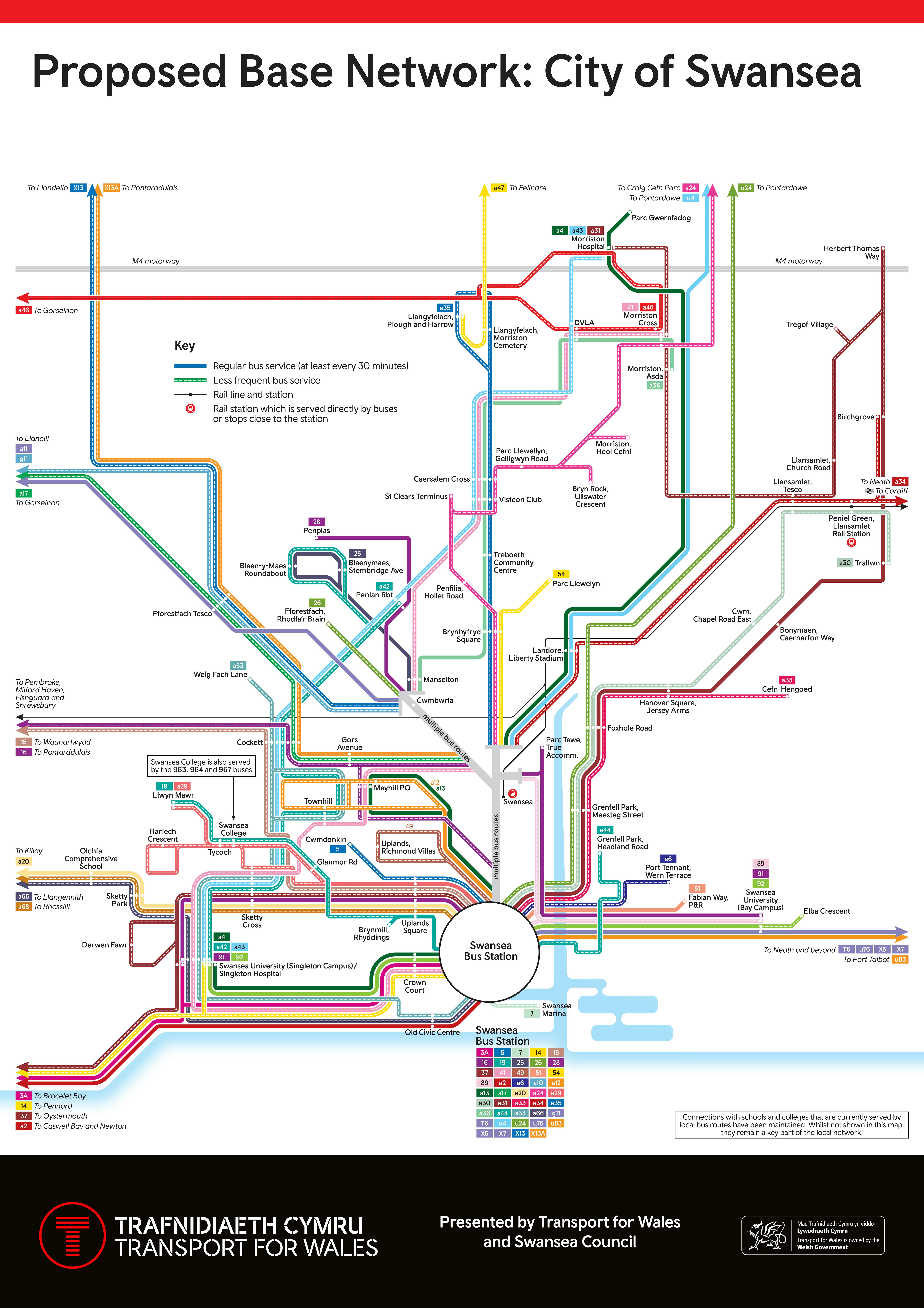 Graphic map showing the Proposed Base Network in Swansea City Centre