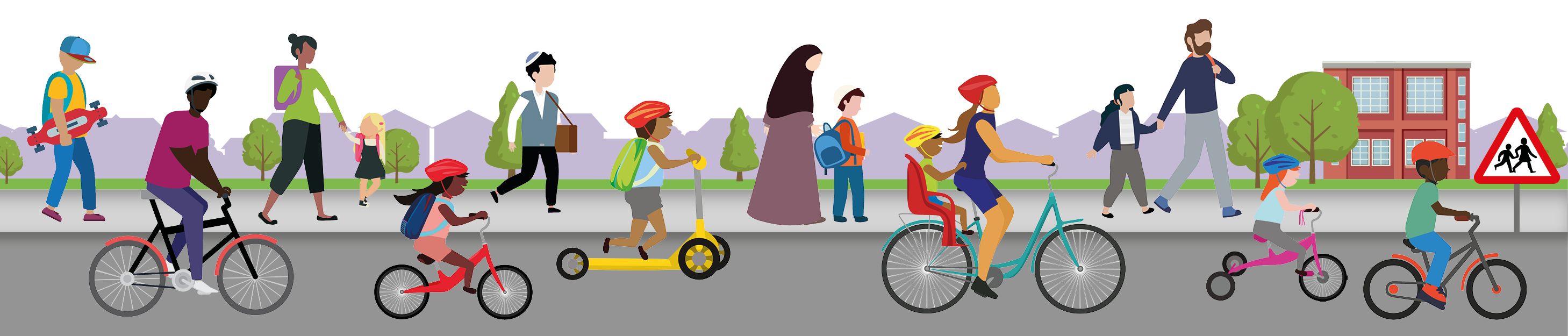 Graphic image of young people and adults walking, cycling and scooting to school.